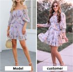 EXLURA Womens Floral Ruffle Summer Dress Sundress Tiered Square Neck Long Sleeve Off Shoulder Smocked Skater Mini Dress - Image 2